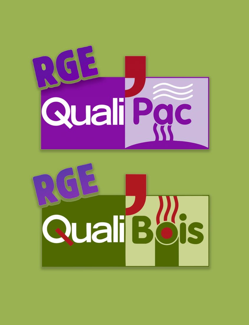 Deux logos RGE QualiPac et RGE QualiBois sur fond vert